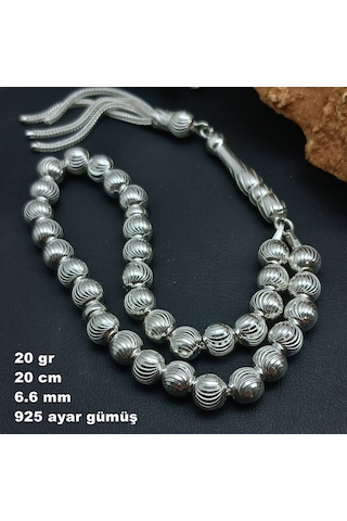 925 Ayar Gümüş Tesbih Yuvarlak Kesim Kalem İşlemeli Orta Boy