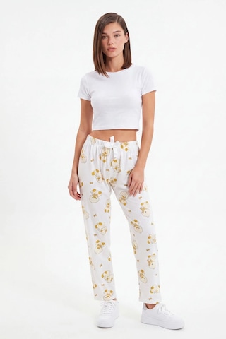 Cemo Sarı Kedi Ve Fiyonk Baskılı Beli Lastikli Bağcıklı Pijama Altı Ekru
