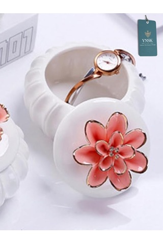 Flowers Kapaklı Çiçekli Dekoratif Seramik Saklama Kutusu / Takı Kutusu Yavru Ağzı