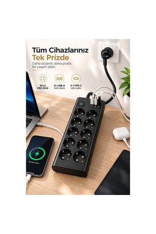 10 Lu Akım Korumalı Priz 3680w 3 Usb-a + 1 Type-c Hızlı Şarj 2 Metre Kablo 0 - 2 M