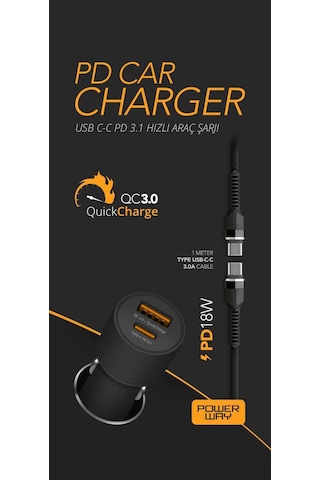 Powerway CC36 Type-C Kablolu PD 18 W Hızlı Araç Şarjı
