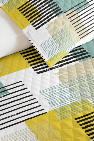 Geometrik Sarı Genç Odası Tek Kişilik Pike Takımı - Mint Çizgili 160x220 Cm Kapitone Yatak Örtüsü Ilık Amber Işıltısı