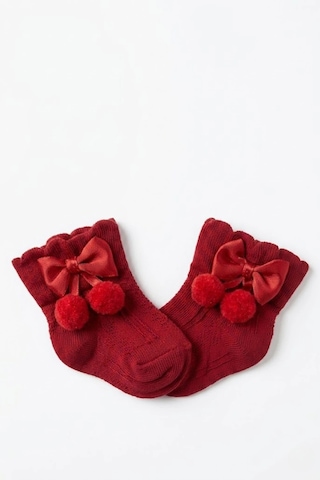 Cocole Socks Kız Çocuk Aksesuarlı Soket Çorabı Tekli Pamuklu Ponponlu Kırmızı Desenli