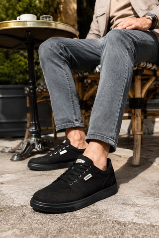 Mevese Camden Bağcıklı Keten Kumaş Erkek Günlük Sneaker Ayakkabı Siyah