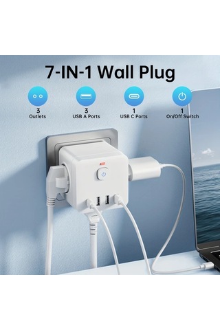 Xuweiwei 7li Fonksiyonlu Güç Küpü Beyaz 3 Ac Priz 4 Usb Port Usb C Hızlı Şarj Dalgalanma Korumalı Taşınabilir Çok Amaçlı Adaptör