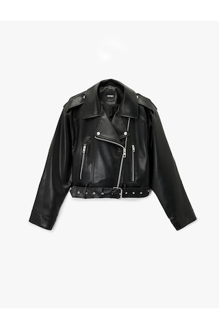 Koton Fermuar Detaylı Uzun Kollu Crop Oversize Suni Deri Biker Ceket Siyah 6sak20016ew