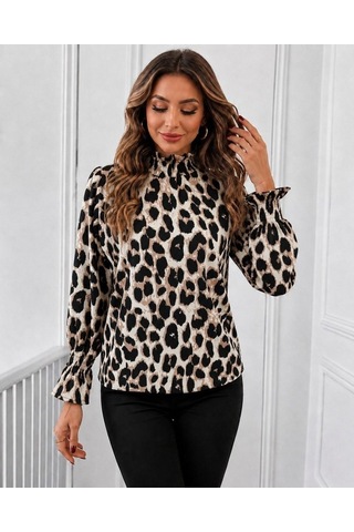 Suma Kadın Modal Bluz Uzun Kollu Balıkçı Yakalı Leopar Desenli