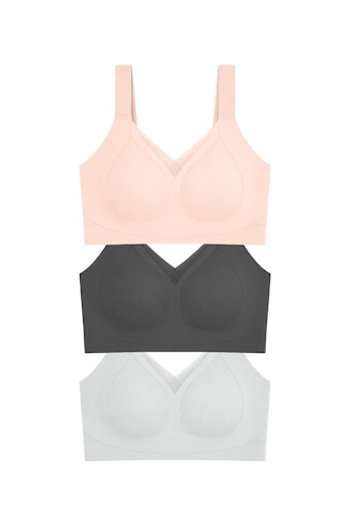 Cottonill Seamless Bra - Elvora Lazer Kesim Rib Dokulu Tül Detaylı Balensiz Kadın Sütyen 3'lü Paket-2 Çok Renkli