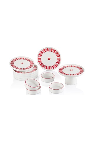Handmade 11 Parça Ribbon Ayaklı Sunum Standlı Kahvaltı Takımı - Kurdelalı Kahvaltı Takımı Pembe Beyaz