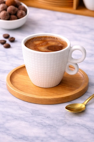 6 Kişilik Porselen Türk Kahvesi Fincan Takımı.bambu Tabaklı Premium Kahve Seti,sınırlı Stok Beyaz