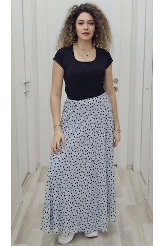 Bel Lastikli Flok Baskılı Kloş Şifon Etek 6003-siyah/mavi Siyah/mavi Siyah - Mavi