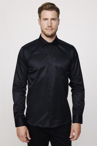 Tudors Modern Slim Fit Düz Saten Pamuklu Erkek Lacivert Gömlek-27777-siyah Siyah