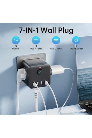 Xuweiwei 7li Fonksiyonlu Güç Küpü Siyah 3 Ac Priz 4 Usb Port Usb C Hızlı Şarj Dalgalanma Korumalı Taşınabilir Çok Amaçlı Adaptör