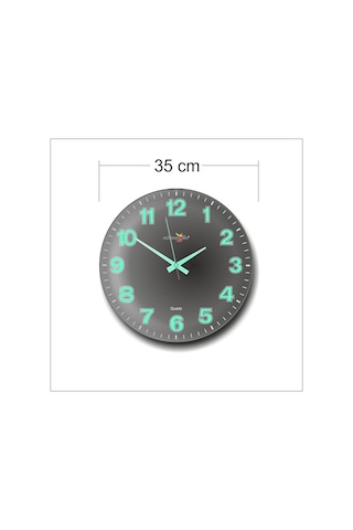 Siyah Zeminli Bombe Camlı Gece Parlayan Fosforlu 35Cm Duvar Saati Siyah