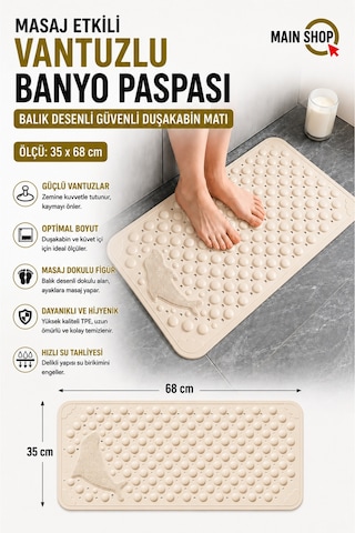 Mainshop 1 Adet Vantuzlu Banyo Ve Duş Kaydırmazı Duşa Kabin Küvet Içi Paspası Balık Desenli 35 X 68 Cm M-10 Bej