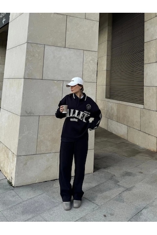 Defymoda Üç İplik Yakalı Sweat Baggy Pantalonlu Takım - Siyah Siyah