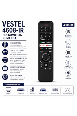 Vestel 4608-ır Akıllı Tv Kumandası Netflix Youtube Prime Video Disney+ Tabii Google Play Tuşlu Ses Komutsuz Kumanda