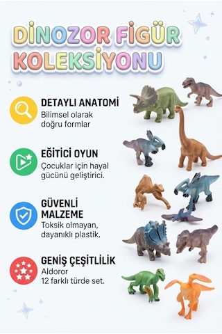 Devler Dünyası 12'li Dinazor Esnek Eklemli Detaylı Ve Gerçekçi Renkli Eğitici Öğretici Oyuncak Seti
