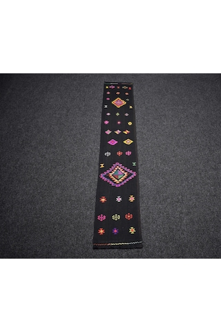 Zehra Abla Halı Yeni El Dokuması Siyah Bardız Erzurum Mini Yolluk Yün Kilim 7461 Çok Renkli