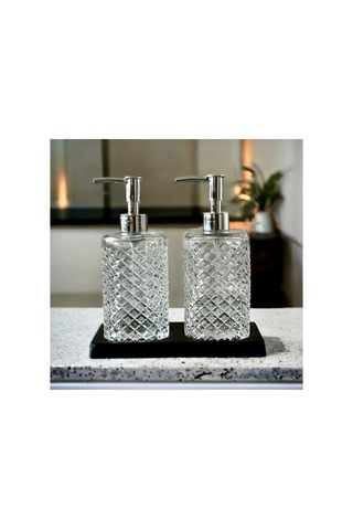 Siyah Standlı 2 Li Cam 500 Ml Gri Başlıklı Sıvı Sabun Bulaşık Deterjan Şişesi Sabunluk Set Şeffaf 632345543 Şeffaf