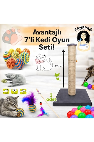 7'li Set: Kedi Tırmalama Tahtası , Sarma Top , Renkli Oyun Topu 3'lü , Tüylü Top Ve Kedi Oltası Seti