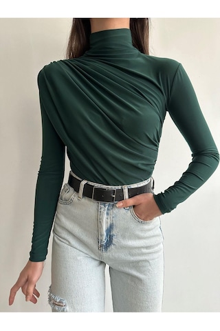 Kadın Büzgü Detaylı Dik Yaka Sandy Bluz Zümrüt