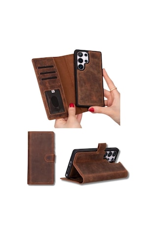 Toyigoo Toyigoo Samsung Galaxy S25 Ultra Uyumlu, Hakiki Deri, El Yapımı, Cüzdanlı Kılıf, Antik Kahve