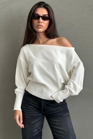 Madmext Ekru Ribbed Asimetrik Kesimli Kadın Kazak Mg2744