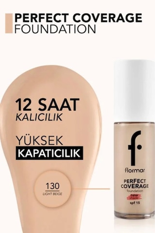 Flormar Perfect Coverage Yoğun Kapatıcı Su Bazlı Fondöten (Sıcak Alt Ton) -130 Light Beige -8682536070539