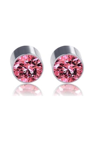 Pembe Zirkon Taşlı 4 Mm Mıknatıslı Deliksiz Küpe 1 Çift Manyetik Fake Küpe