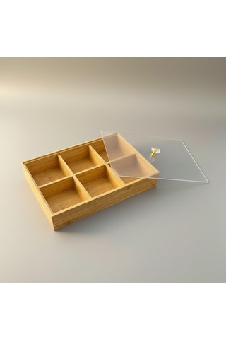 Bambu Organizer Kutu, 6 Bölmeli, Şeffaf Kapaklı, Kristal Kulplu, 30x20x6 Cm, Çay Ve Baharat Düzenleyici, Takı Düzenleyici Açık Ahşap