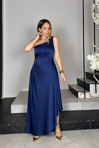 Ges Moda G1358 Tek Omuz Taş Detaylı Saten Abiye Elbise Lacivert Lacivert