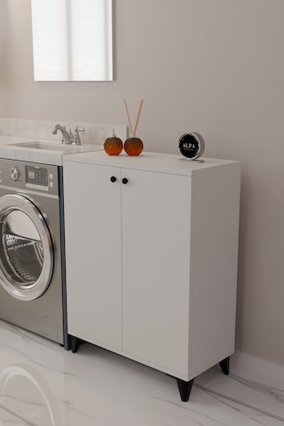 Çok Amaçlı Banyo & Çamaşır Odası Dolabı, Ayarlanabilir Raflı, Kapaklı Modern Banyo Dolabı Beyaz