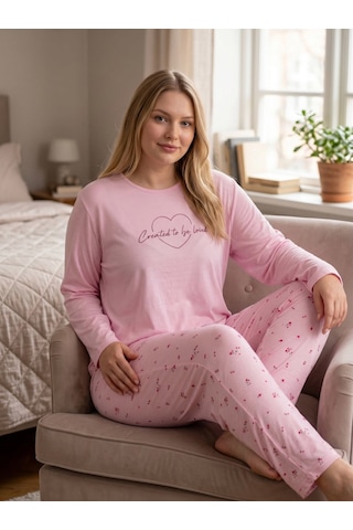 Pijamoni Battal Milan Uzunkol Pijama Takım 7666 Pembe