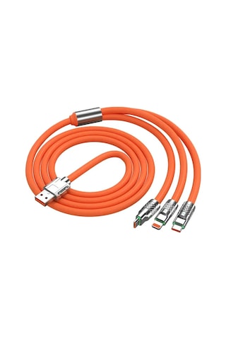 Beemen 120 W Destekli Led'li Çelik Sıvı Silikon 3 İn1 Şarj Kablosu Turuncu