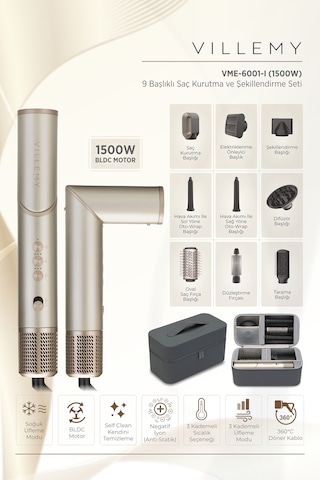 9 U 1 Arada Çok Başlıklı Saç Kurutma Ve Şekillendirme Seti 1500 W Bldc Motor-vme-6001-ı Bej