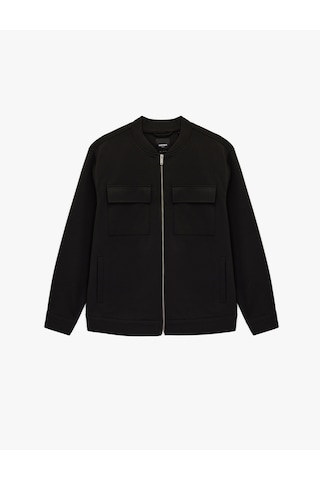 Koton Slim Fit Uzun Kollu Kapaklı Cepli Fermuarlı Kolej Yaka Bomber Ceket Siyah 6sam20005hk Siyah