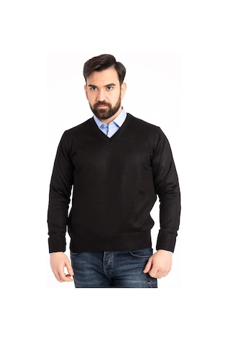 Nacar Store Erkek Siyah V Yaka Triko Kazak