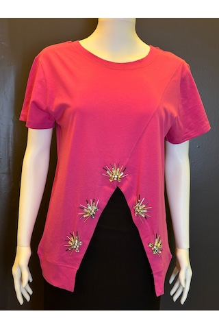 Taş İşleme Pembe Ön Detaylı %100 Pamuk Kadın T-shirt Renkli