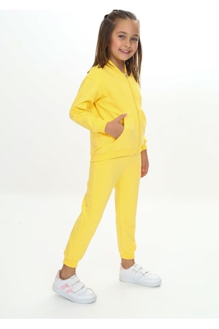 Toontoy Kids Toontoy Kız Çocuk 2'li Takım Baskılı Kapüşonlu Cepli Sweatshirt & Beli Paçası Lastikli Jogger Eşofman Altı - Renk Bloklu & 2 İplik Sarı
