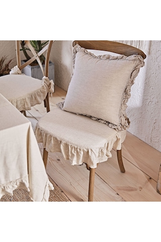 El Yapımı Buldan Yıkanmıs Keten 4 Tarafı Fırfırlı Sandalye Minderi Kılıfı Süngersiz Naturel