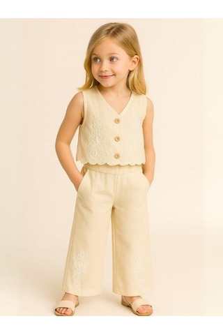 Kız Çocuk Keten Yelek Pantolon Takım-15971 KREM