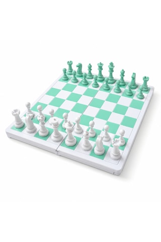 Katlanabilir Mini Satranç Takımı Beyaz & Pastel Su Yeşil 21 X 21 Cm Taşınabilir Pratik Satranç Seti