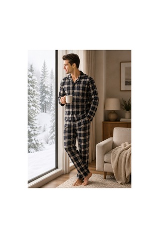 Free Beka Ekose Desenli Uzun Kollu Gömlek Yaka Düğmeli Erkek Pijama Takımı Bej