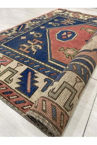 El Dokuması Eskitme 122X190 Kiremit Mavi %100 Yün Vintage Halı !