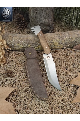 Kurtbey Outdoor Kurtbaşlı Ceviz Kabze Kılıflı Avcı Kamp Bıçağı 31 Cm Outdoor Komando Tipi Taktikal Knife Kahverengi
