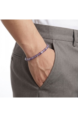 Erkek Ametist Taşı & Silver Hematit Taşlı Ayarlanabilir Çelik Zincir Bileklik 9271 Gümüş
