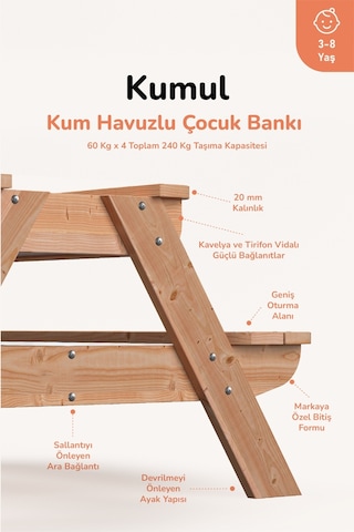 Ovlo Çocuk Kum Havuzlu Etkinlik Masası Kapaklı 3-8 Yaş 4 Kişilik Kumul Naturel