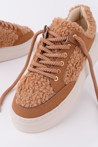 Muggo Fleecy Kalın Taban Bağcıklı Peluş Detaylı Kadın Kışlık Sneaker Spor Ayakkabı Taba
