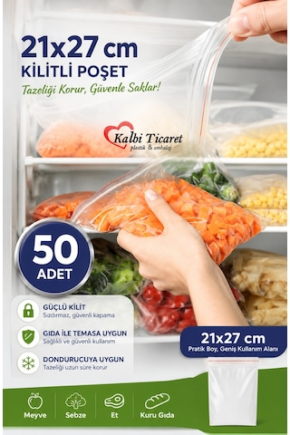 Kilitli Torba 21x27 Cm 50'li Kilitli Buzdolabı Poşeti Şeffaf Naylon Torba Kilitli Saklama Poşeti